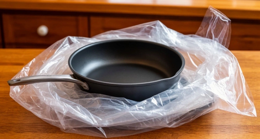 Кладу сковороду в полиэтиленовый пакет, нагар отлетает моментально, больше ничего не прилипает — любуюсь отражением