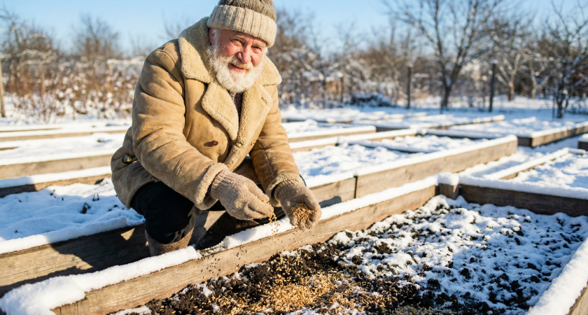 Раскидываю эту крупу на грядки в декабре на снег: весной уже все готово к урожаю — без полива и теплицы