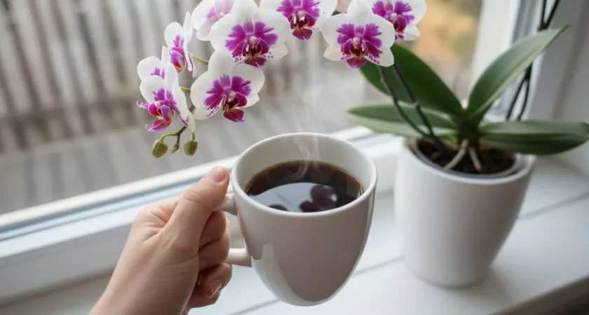 Поливаю орхидеи "неправильно" — а они цветут дольше, ярче и чаще: в горшок сливаю все остатки с кружки