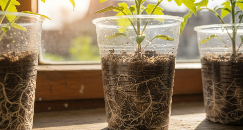 "Сухой" полив для томатов: рассада и без ламп не вытягивается, растет мощной – как дубки