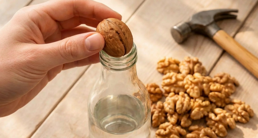 Теперь грецкие орехи не чищу - использую бутылку: легко как щелкать семечки - ядро целое, никаких крошек