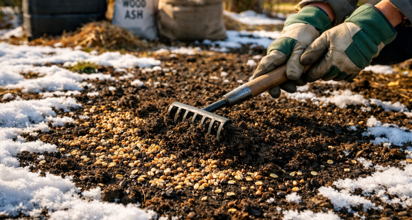 Добавляю вместо навоза: кормлю землю обычными крупами прямо по снегу – и к апрелю получаю настоящий гумус