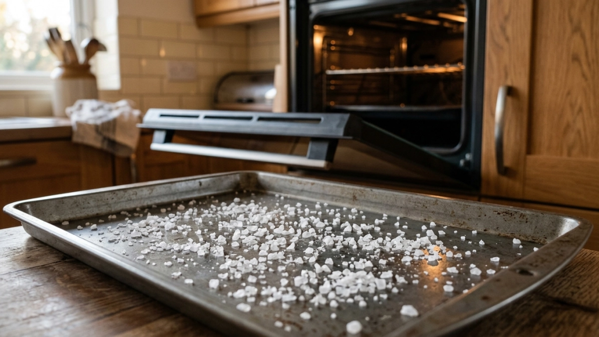 Сыплю горсть соли на противень и прогреваю в духовке 10 минут — жир отходит сам, тереть ничего не нужно