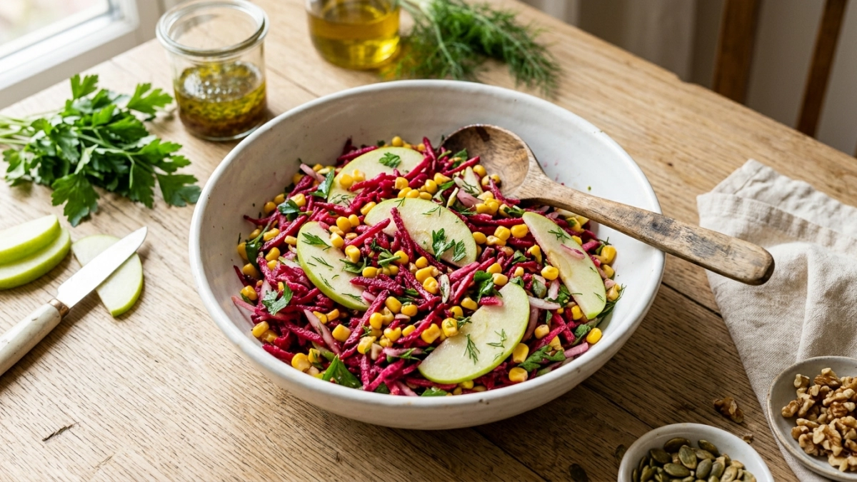 Свекла и банка кукурузы: салат-объедение натираю за 5 минут, круче винегрета — просто, ярко, вкусно