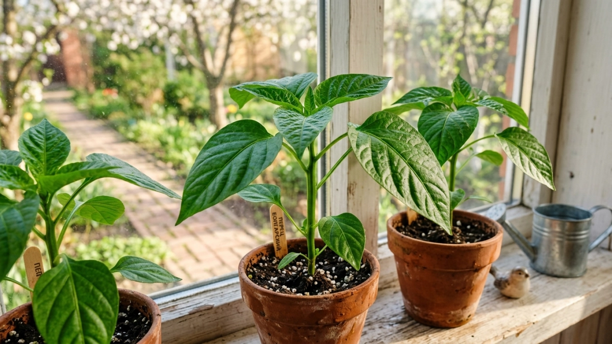 При появлении первых листочков — первым делом: 1 г на литр воды — и рассаду перцев распирает сила и бодрость