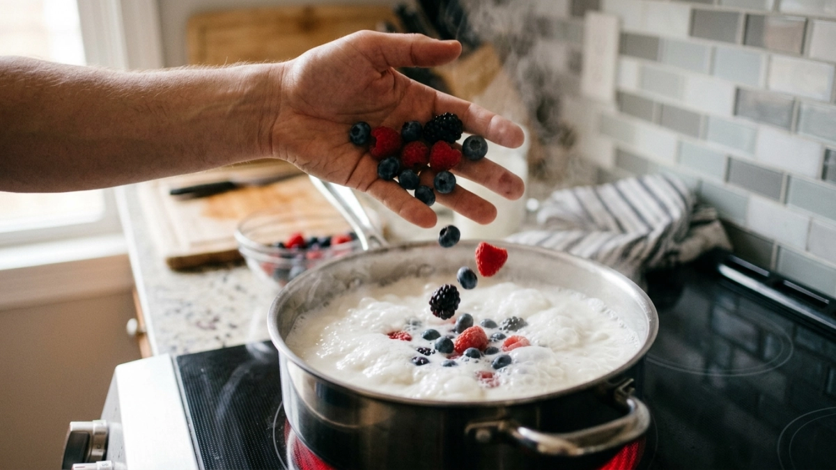 Кинула ягоды в горячее молоко — кремовый десерт готов: простое лакомство за считанные минуты, вкуснее и полезнее мармелада