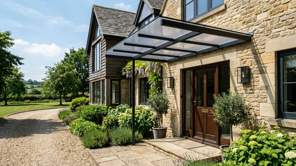 Поликарбонат и стекло — уже не топ: сейчас все делают козырьки из этого материала — не бьется, не желтеет, дешевле