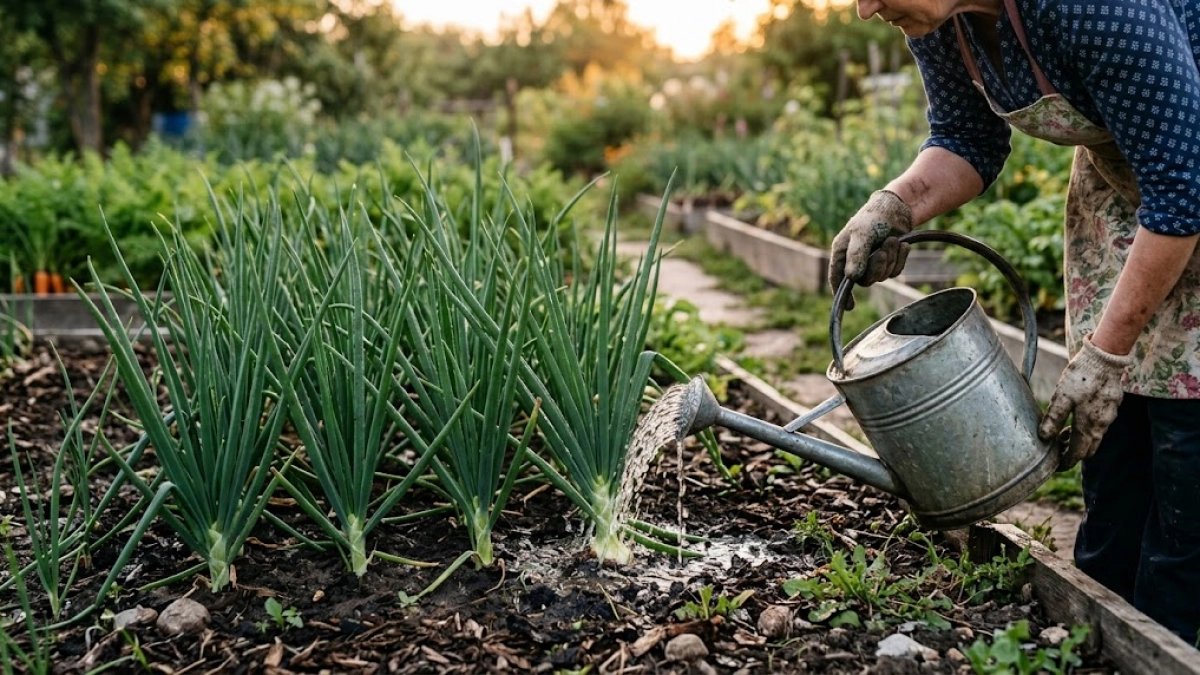 Поливаю лук солью: 30 г на ведро, 2 раза за сезон — и никакой гнили