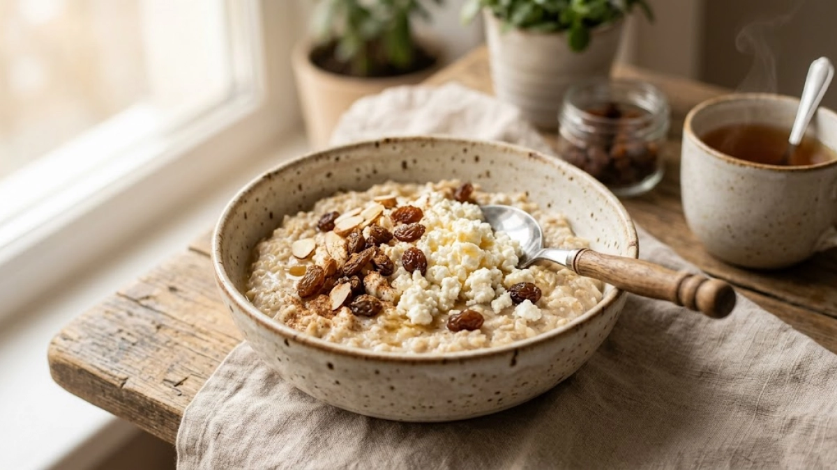 Вкусное и полезное начало дня: овсяная каша с творогом и изюмом. Простой рецепт, богатый белком и витаминами — зарядит энергией на весь день