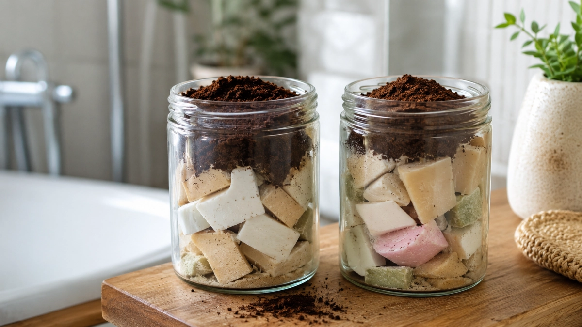 Засыпаю обмылки кофейным жмыхом — бодрящий эффект на целый день: полезную штуку храню в ванной