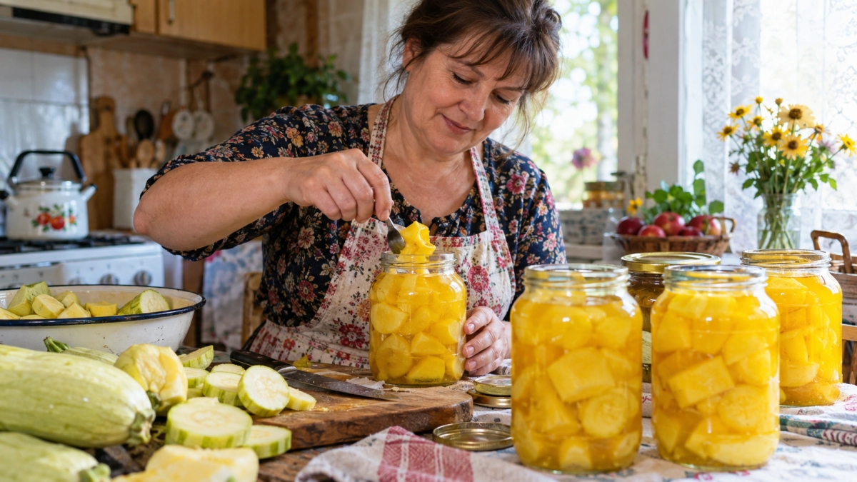 Кабачки на икру больше не пускаю — делаю из них «ананасы» в банках: хрустят как огурчики, а домашние думают, что едят фруктовый компот