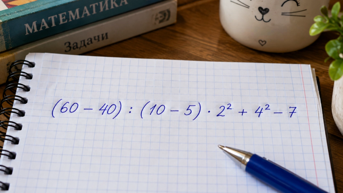Не усохли ли извилины: попробуйте решить без калькулятора (60 − 40) : (10 − 5) · 2² + 4² − 7