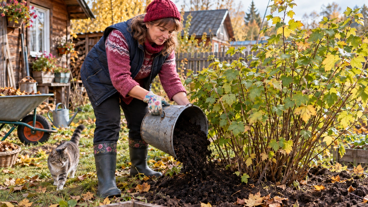 Смородине осенью высыпаю под ноги ведро «чёрного золота»: весной куст стартует как заряженный — летом ветки гнутся от наливных ягод