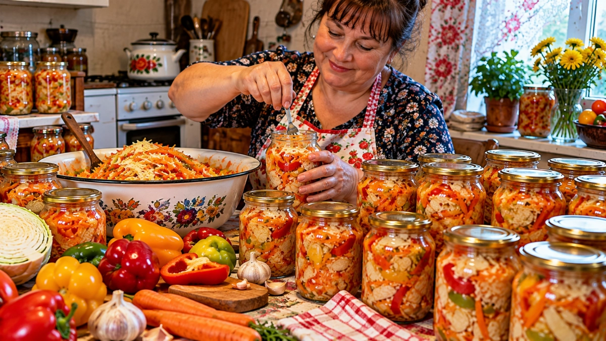 Каждую осень делаю по 50 банок «Пёстренькой» закуски: перец сладкий, капуста хрусткая — до весны не доживает ни одна