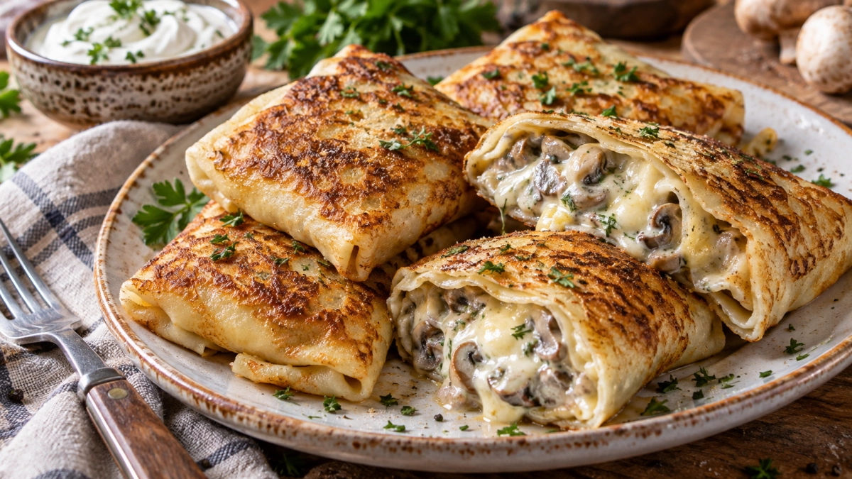 Блины с мясом и творогом больше не заворачиваю: делаю «подушечки» с сыром и грибами — пухлые, румяные и набитые начинкой до отвала
