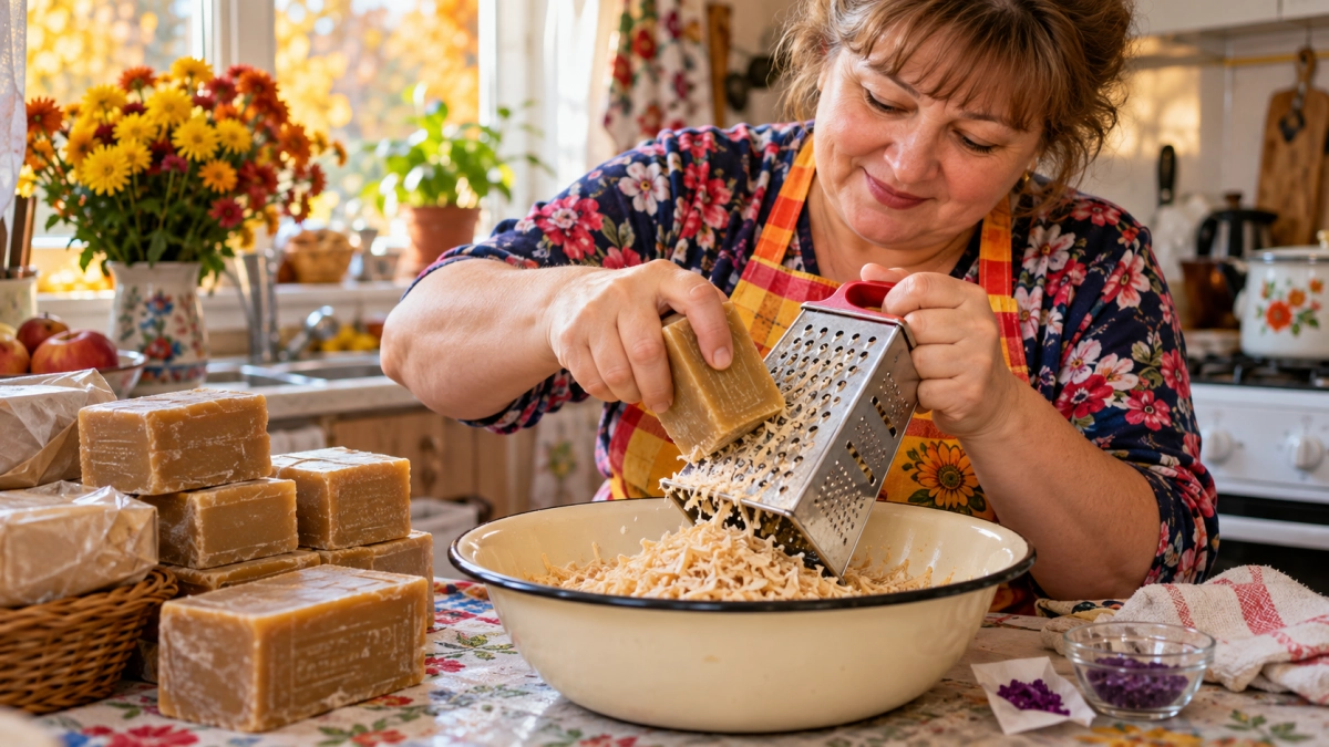 Осенью скупаю хозяйственное мыло пачками: тру как сыр и добавляю марганцовку — копеечный трюк опытных хозяек