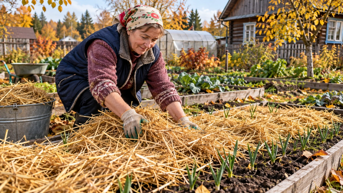 Чесночные грядки перед холодами застилаю «золотистой шубой»: зубчики зимуют под защитой — а весной дружно зеленеют стеной