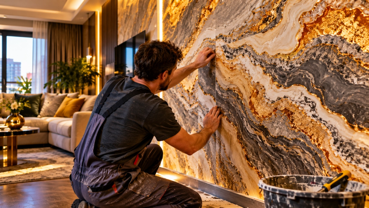 Обои в гостиной — прошлый век: внёс природного лоска — «каменное кружево» с Ozon добавило комнате дорогой фактуры