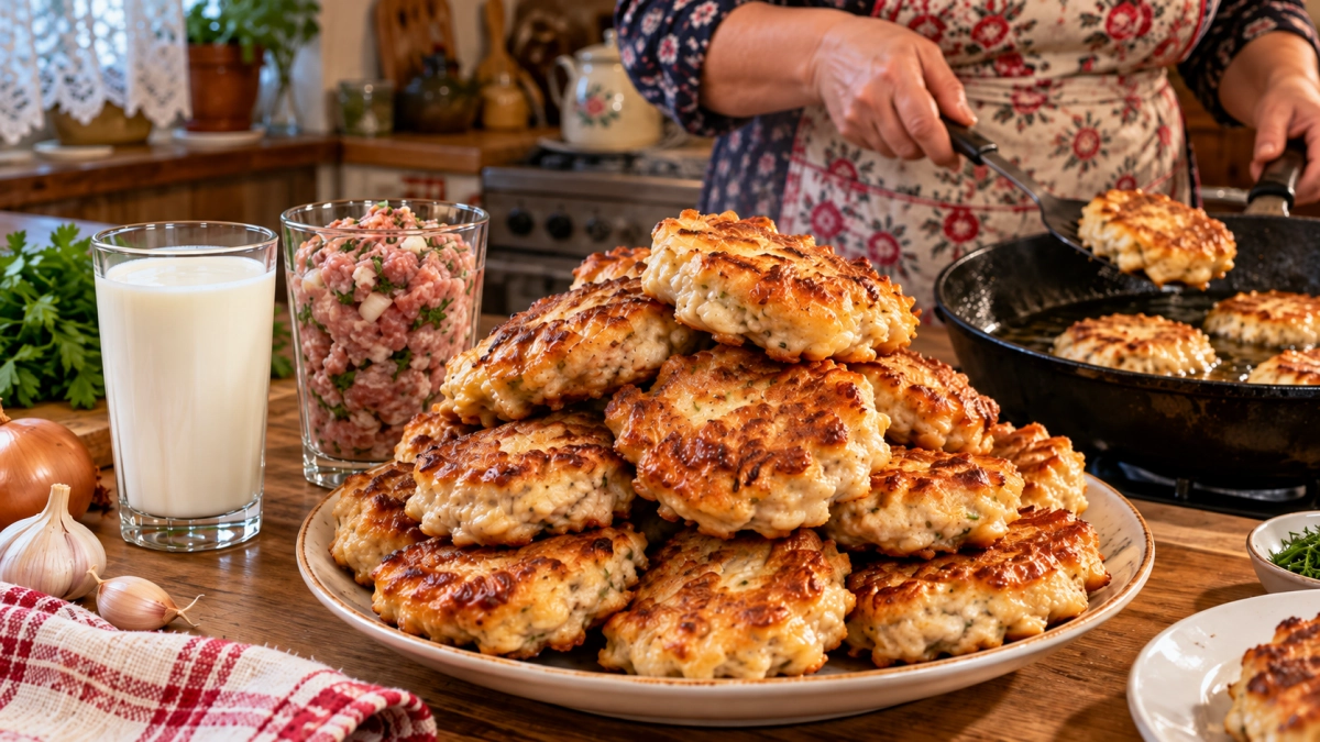 1 стакан кефира + 1 стакан фарша — нажариваю целую башню мясных пышек: быстро, дёшево и сочнее любых котлет