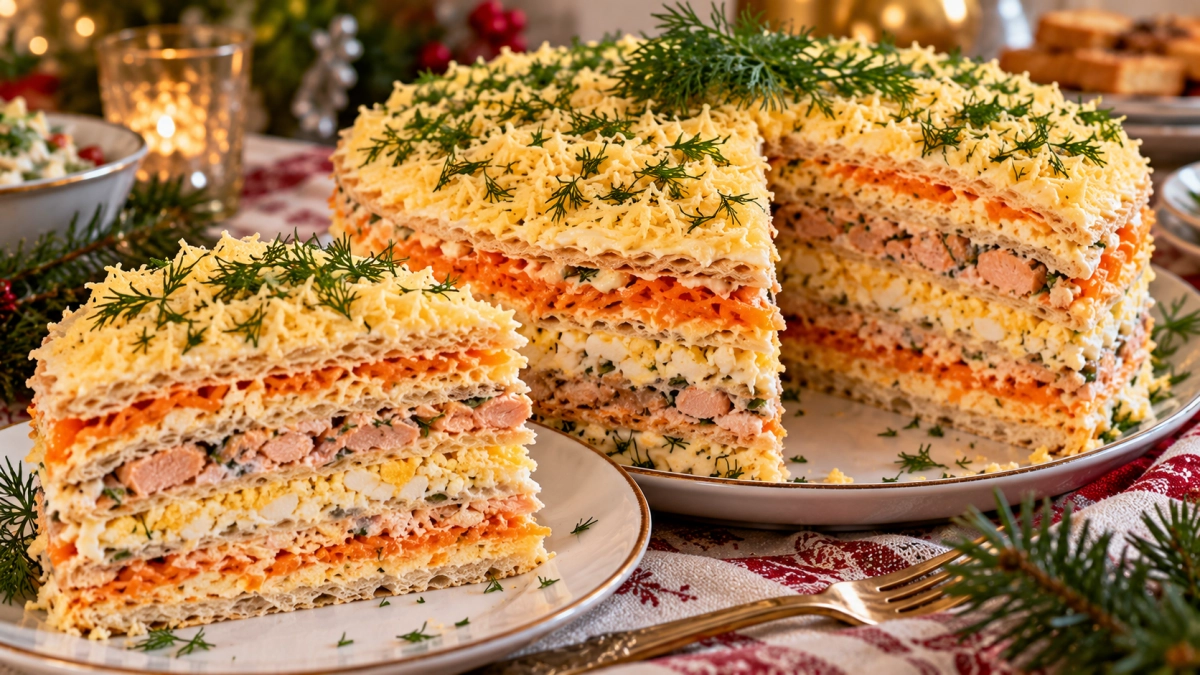 8 вафельных коржей + 2 банки горбуши: собираю «Царскую башню» — слоёная закуска разлетается со стола быстрее бутербродов