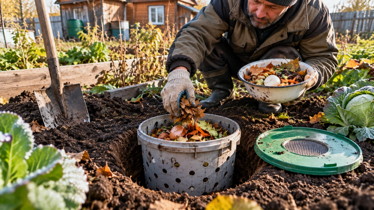 Перед морозами закапываю дырявое ведро в грядку: внутри всю зиму работает «биофабрика» — весной земля рыхлая, хоть руками копай