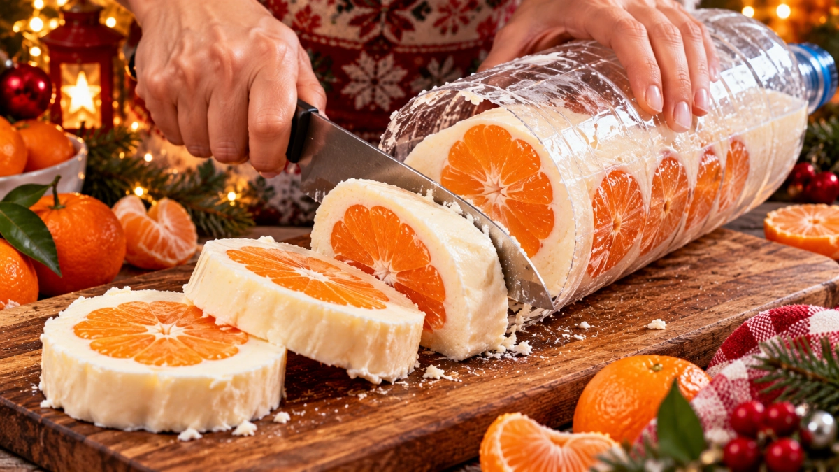 Пихаю мандарины в пластиковую бутылку — утром режу «снежный рулет» как колбасу: на срезе — оранжевые солнышки в белом сугробе