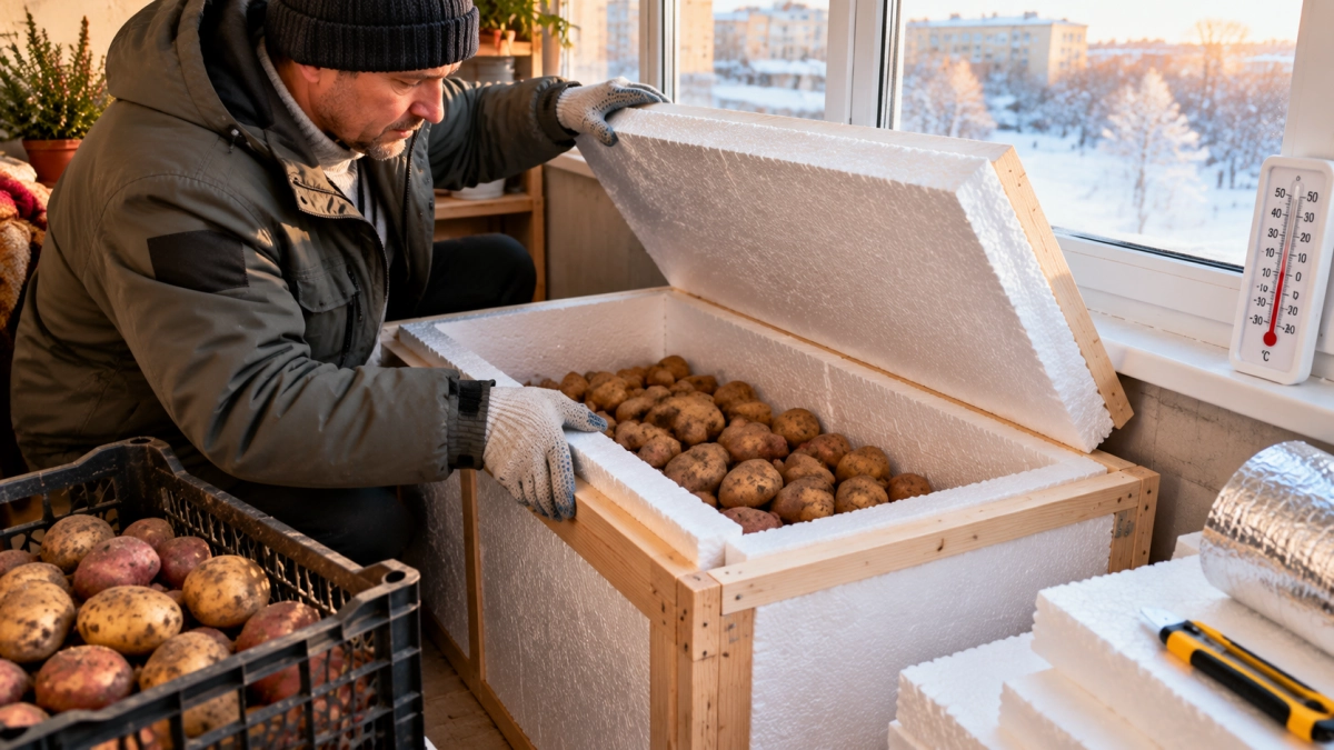 Выпрашиваю в хозмагах ненужные куски пенопласта: мастерю хитрый «погреб-термос» — картошка зимует прямо на ледяном балконе