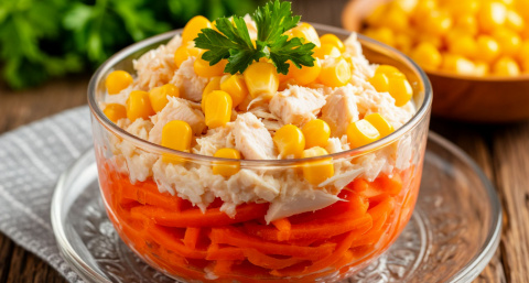 Простой, но вкусный салат "Рыжик" — курица, крабовые палочки и плавленый сыр